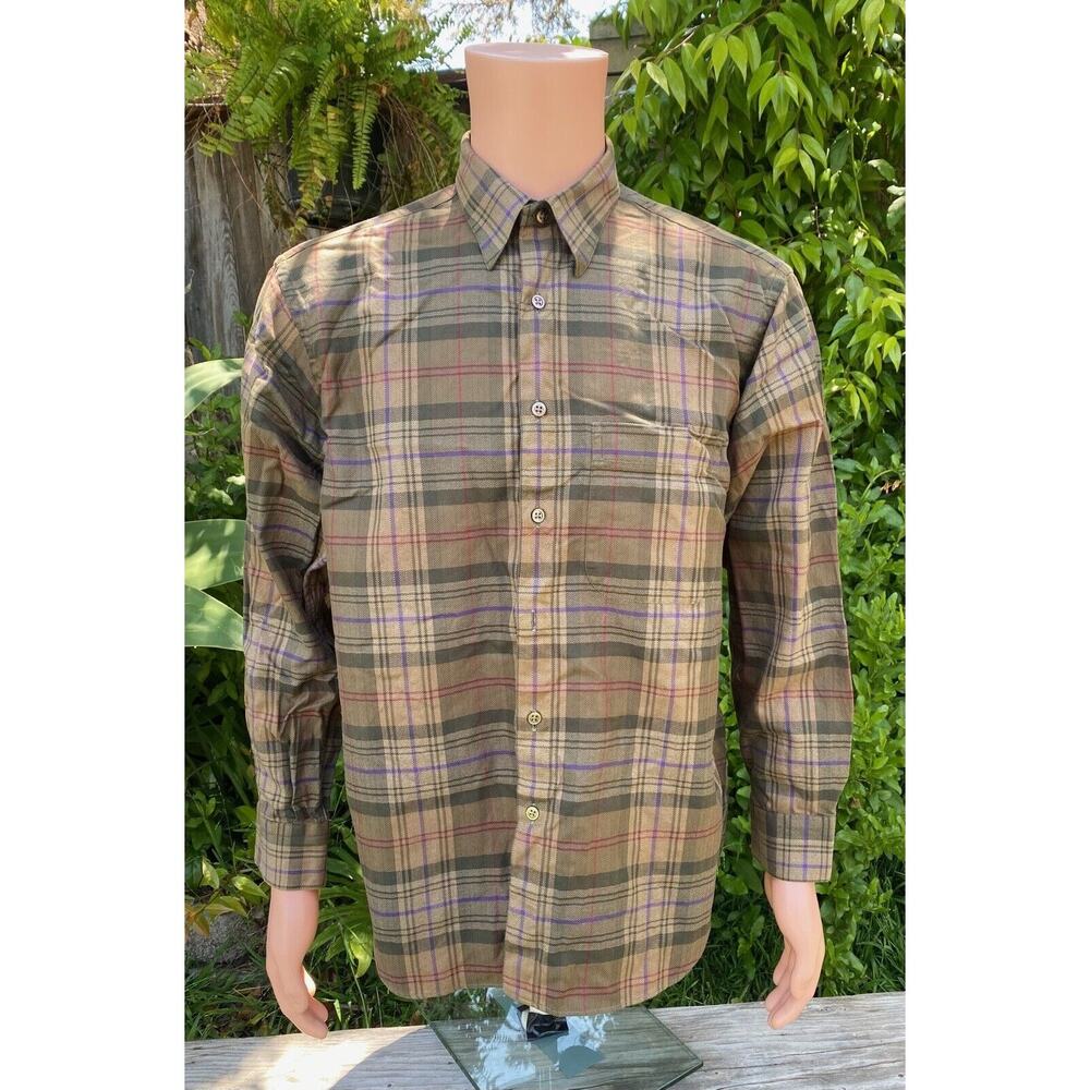 VTG Saks Fifth Avenue Flannel Mens Medium Made In USA Long Sleeve Brown/Green